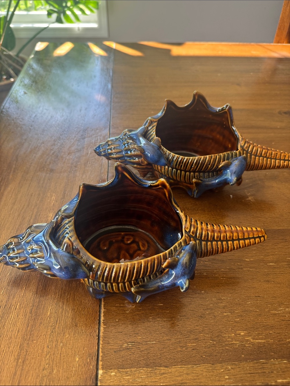 Vtg Blue Glazed Ceramic Pottery Conch Shell With Dolphins In Surf Planter set 2